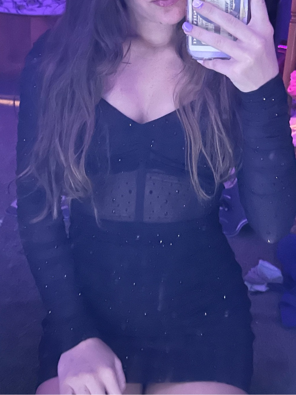 Windsor Black Sheer Mesh Long-Sleeve Mini Dress with Sparkle